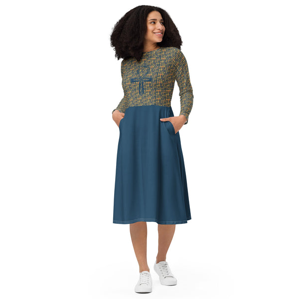 Egyptian Hieroglyphics Ankh Cross long sleeve midi dress (Blue) - Conscious Apparel Store