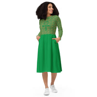 Egyptian Hieroglyphics Ankh Cross Long sleeve midi dress (Green) - Conscious Apparel Store