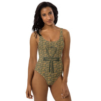 Egyptian Hieroglyphics Ankh Cross (Olive) One-Piece Swimsuit - Conscious Apparel Store