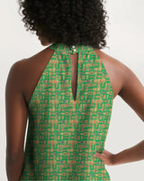 Green Hieroglyphics Women's All-Over Print Halter Dress - Conscious Apparel Store