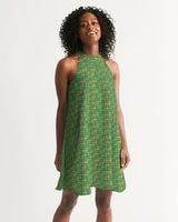 Green Hieroglyphics Women's All-Over Print Halter Dress - Conscious Apparel Store